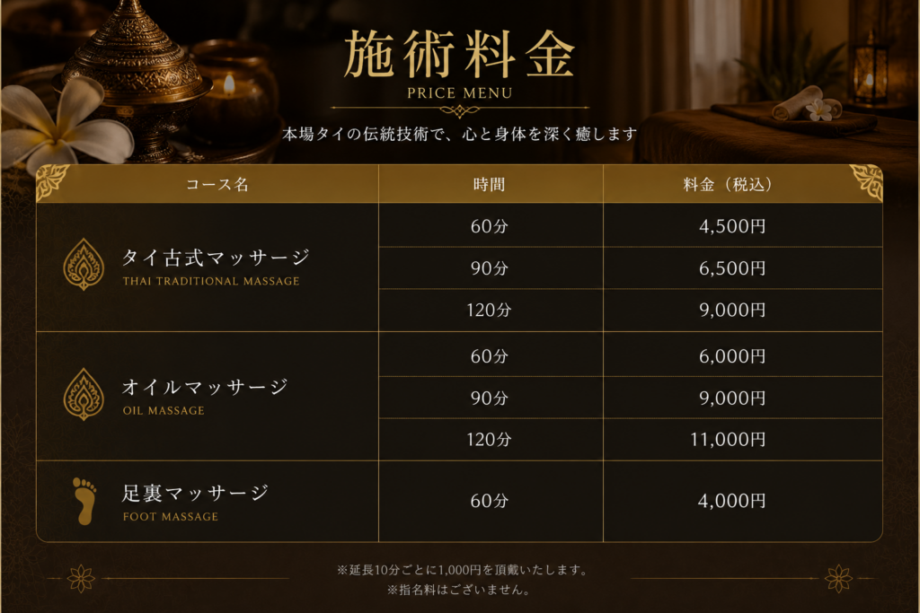 船橋市・大神宮下駅近くのMekong Thai Massage(メコンタイマッサージ)の料金表。タイ古式マッサージ、オイルマッサージ、フットマッサージの施術時間と料金をご案内しています。